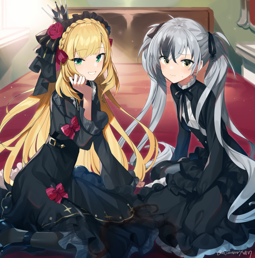 2boys, absurdres, artist_name, bangs, bed, black_dress, black_footwear, black_hair