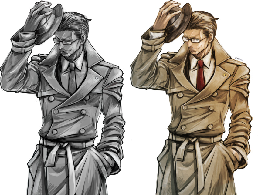 1boy, artist_name, brown_coat, brown_hair, brown_headwear, coat, glasses, gyakuten_kenji, gyakuten_saiban, hand_in_pocket, hat, hat_removed, headwear_removed, highres, long_sleeves, male_focus, mitsurugi_shin, mov, necktie, red_neckwear, simple_background, white_background