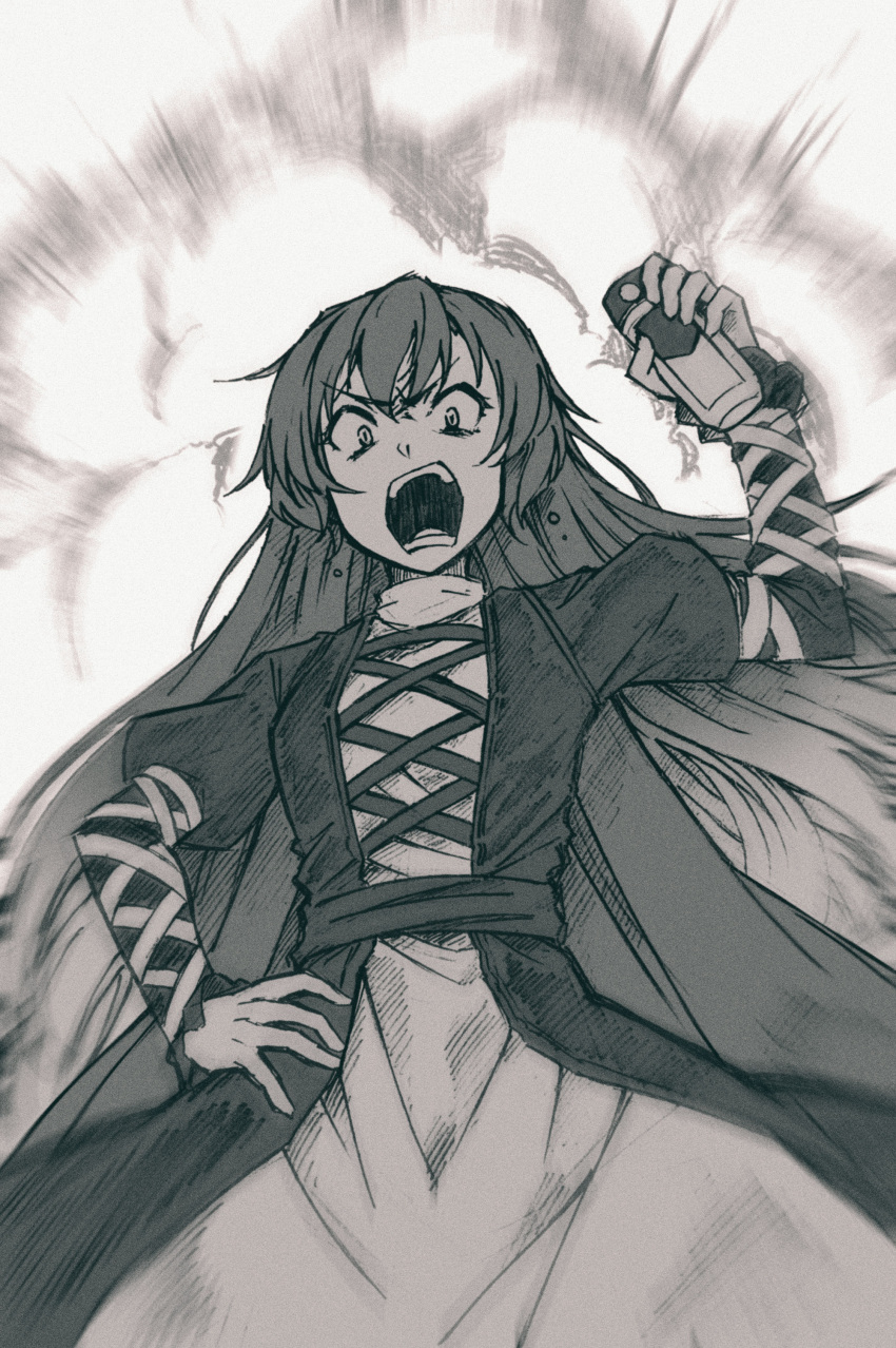 1girl, absurdres, black_dress, commentary, dress, explosion, greyscale, hand_on_hip