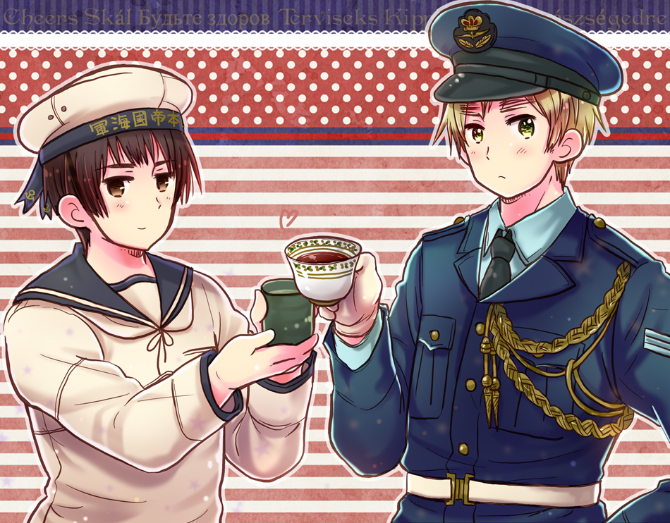 2boys, axis_powers_hetalia, bangs, blonde_hair, blue_jacket, blue_sailor_collar, brown_eyes, brown_hair