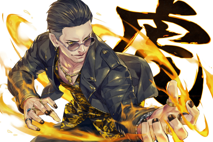 1boy, aura, black_hair, black_jacket, black_nails, black_pants, earrings, fighting_stance