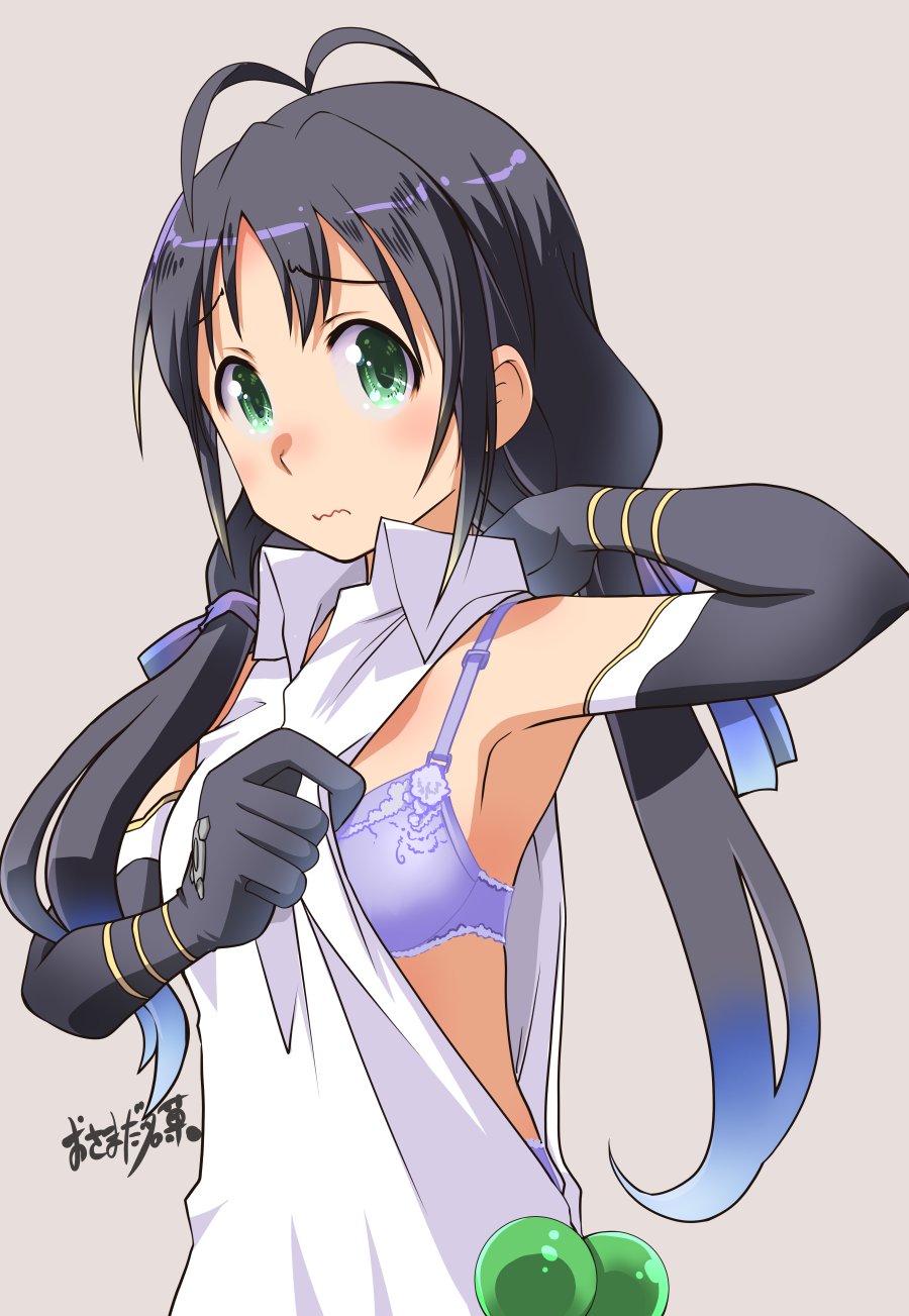 1girl, antenna_hair, bangs, black_hair, blue_hair, blush, bra, breasts, closed_mouth, elbow_gloves, eyebrows_visible_through_hair, gloves, gradient_hair, green_eyes, grey_background, hair_ribbon, highres, kantai_collection, long_hair, low_twintails, medium_breasts, multicolored_hair, osamada_meika, purple_bra, ribbon, shirt, simple_background, sleeveless, sleeveless_shirt, solo, suzukaze_(kantai_collection), twintails, underwear, upper_body, wavy_mouth