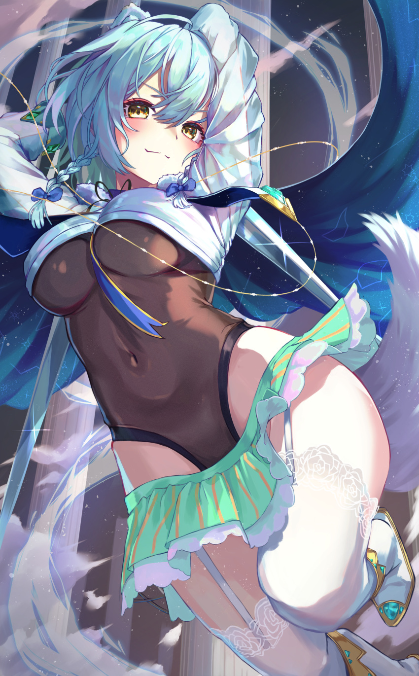 1girl, absurdres, arms_behind_head, blue_bow, blue_hair, bodysuit, bow, braid