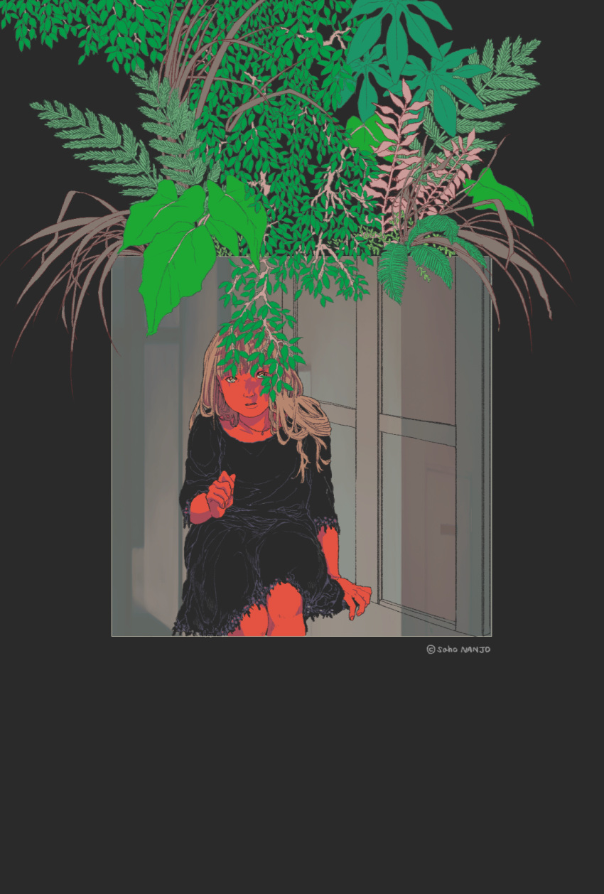 1girl, bangs, black_dress, brown_hair, colored_skin, dress, feet_out_of_frame, highres, leaf, long_hair, long_sleeves, looking_at_viewer, nanjou_(kumoodisan), original, parted_lips, plant, red_skin, shadow, solo
