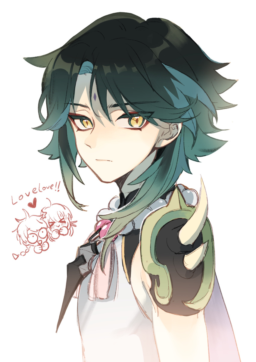 >_<, 1girl, 2boys, absurdres, aether_(genshin_impact), armor, bangs, bead_necklace, beads, black_hair, braid, cancanbingo, closed_eyes, facial_mark, forehead_mark, genshin_impact, green_hair, hair_between_eyes, heart, highres, jewelry, lumine_(genshin_impact), multicolored_hair, multiple_boys, necklace, shoulder_armor, simple_background, sleeveless, solo_focus, spikes, tassel, traveler_(genshin_impact), upper_body, white_background, xiao_(genshin_impact), yellow_eyes