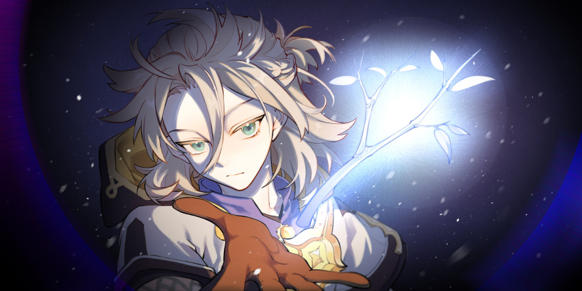 1boy, albedo_(genshin_impact), aqua_eyes, bangs, branch, brown_gloves, cancanbingo, closed_mouth