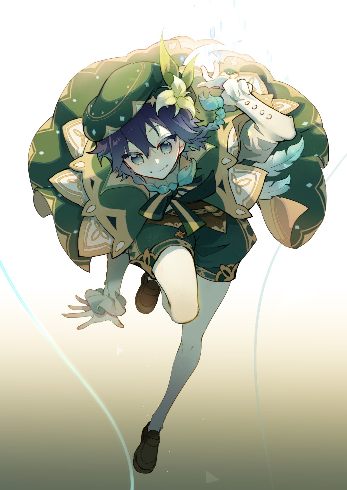 1boy, bangs, black_hair, blue_eyes, blue_hair, braid, brown_footwear, cancanbingo