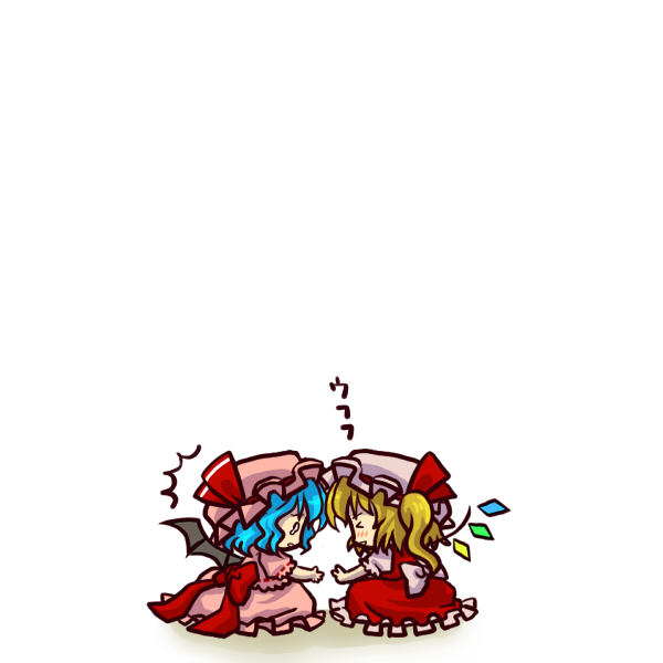 >_<, 2girls, blonde_hair, blue_hair, chibi, flandre_scarlet, hat, janken