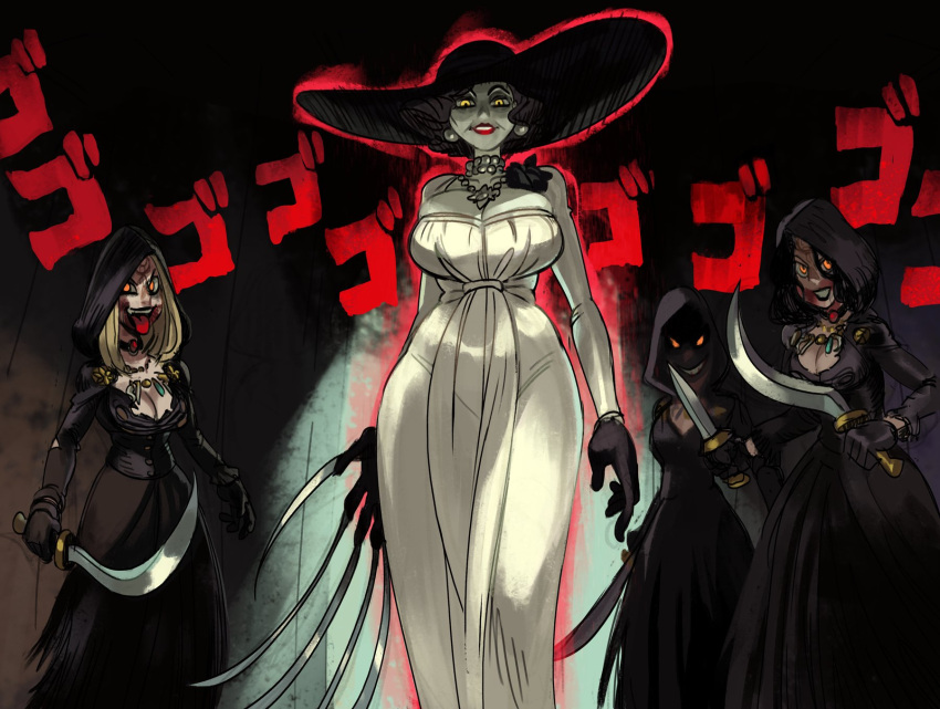 alcina_dimitrescu, alex_ahad, black_flower, black_gloves, black_rose, claw_(weapon), cloak, corsage