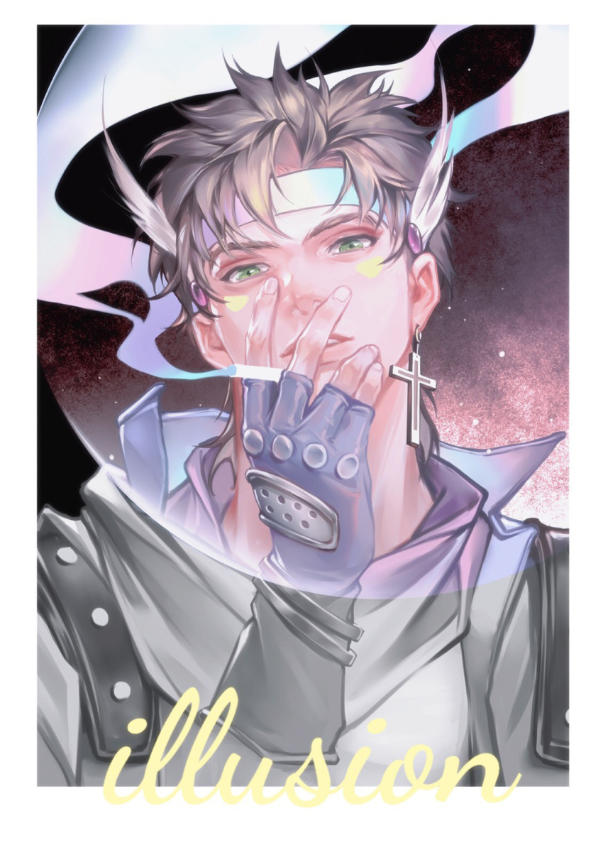 1boy, battle_tendency, between_fingers, blonde_hair, border, bracelet, caesar_anthonio_zeppeli, chanasykine