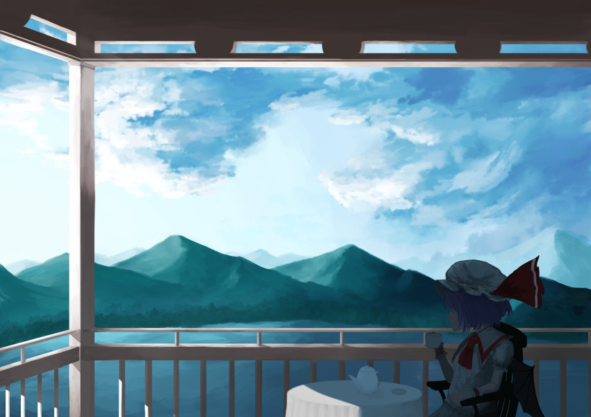 1girl, absurdres, bat_wings, blue_sky, bow, chair, clouds, commentary_request, cravat, cup, day, forest, frilled_shirt, frilled_shirt_collar, frilled_sleeves, frills, hat, highres, holding, holding_cup, lake, misty_lake, mittu_mittu33, mob_cap, mountain, nature, outdoors, puffy_short_sleeves, puffy_sleeves, purple_hair, railing, red_bow, remilia_scarlet, ribbon_trim, scenery, shirt, short_hair, short_sleeves, sitting, sky, solo, teacup, teapot, touhou, white_headwear, white_shirt, wings, wrist_cuffs