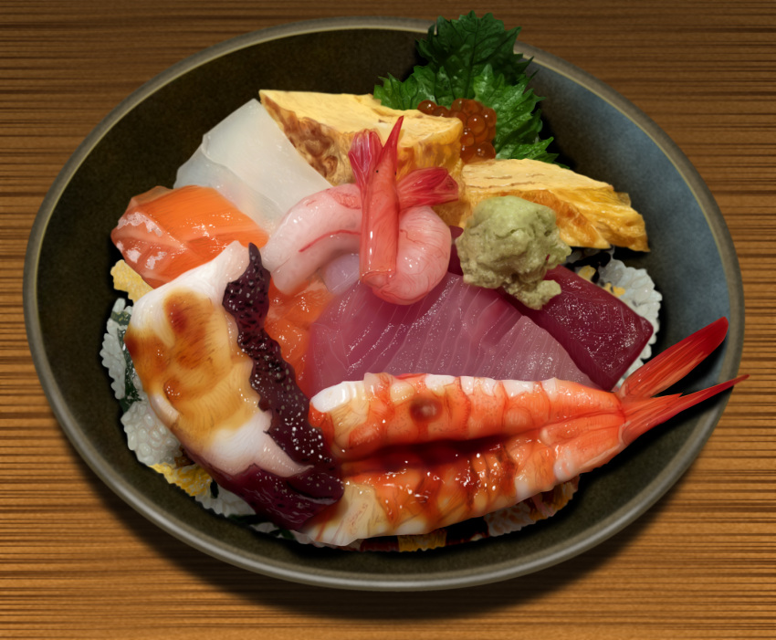 bowl, donburi, egg, fish, food, food_focus, highres, hokkaido_(artist)