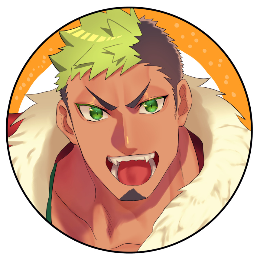 1boy, alternate_costume, black_hair, close-up, dark_skin, dark_skinned_male, face, fangs