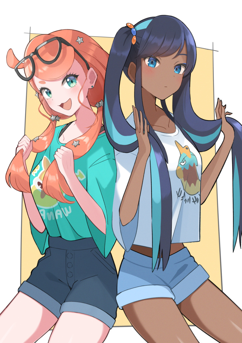 2girls, alternate_costume, black_hair, blue_eyes, blue_eyeshadow, blush, character_print, collarbone