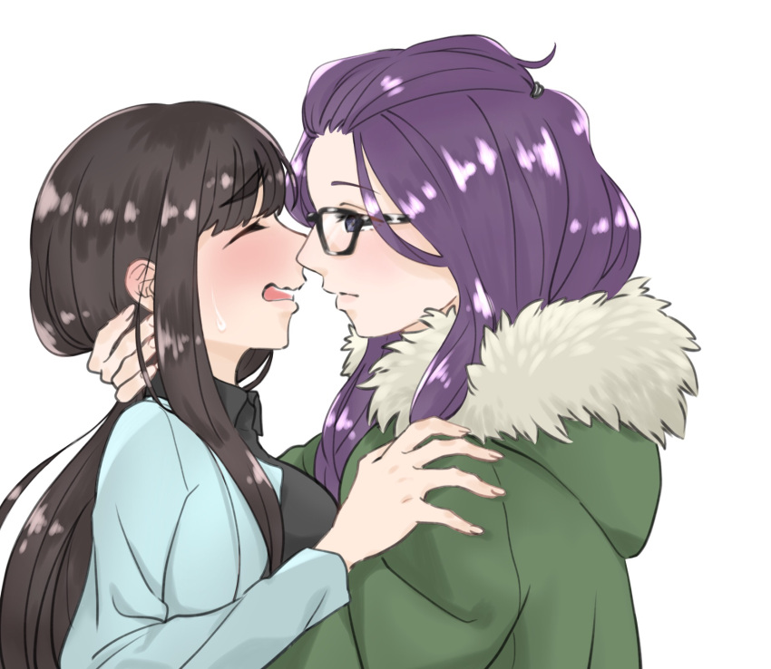 2girls, bangs_pinned_back, blush, brown_hair, closed_eyes, coat, commentary, embarrassed