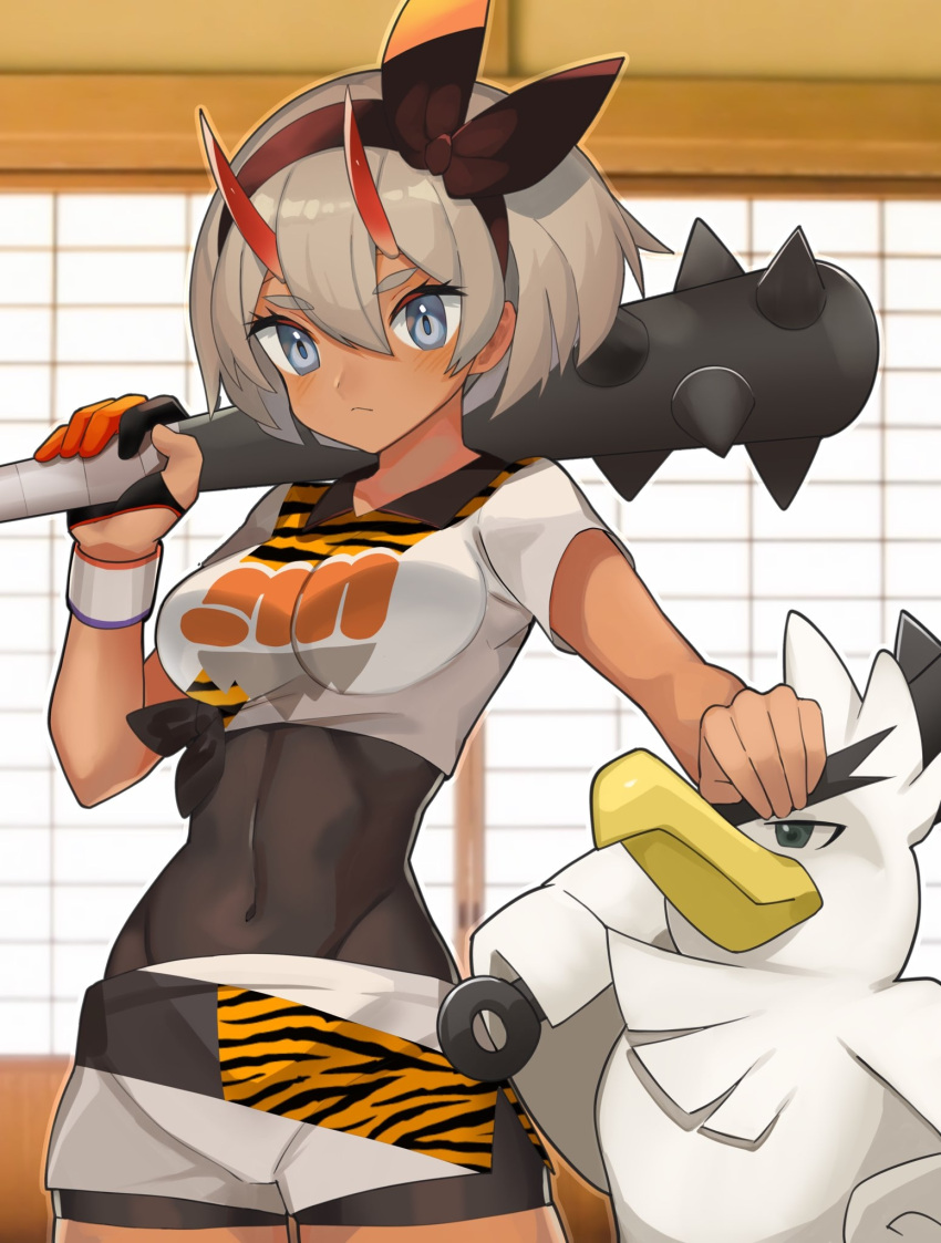 1girl, bangs, bea_(pokemon), black_bodysuit, blush, bodysuit, bodysuit_under_clothes, bow_hairband