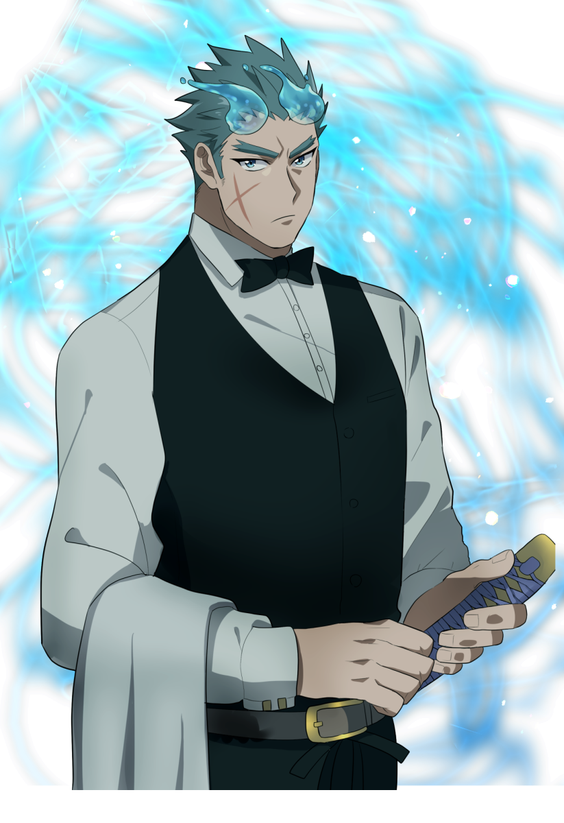 1boy, alternate_costume, black_vest, blue_eyes, blue_hair, bow, bowtie, cowboy_shot