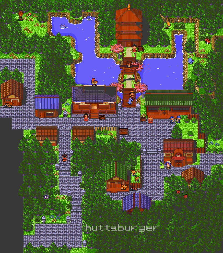 4boys, 4girls, absurdres, artist_name, bellsprout, bicycle, building, chikorita, commentary, door, english_commentary, ethan_(pokemon), from_above, gastly, gen_1_pokemon, gen_2_pokemon, grass, ground_vehicle, hat, highres, holding, hoothoot, huttaburger, kris_(pokemon), ledyba, marill, multiple_boys, multiple_girls, old, old_man, outdoors, path, pichu, pidgeotto, pikachu, pixel_art, poke_ball, pokemon, pokemon_(creature), pokemon_(game), pokemon_center, pokemon_gsc, poliwhirl, quagsire, sentret, shoes, sign, stairs, standing, starter_pokemon, totodile, tower, tree, violet_city, water, watermark