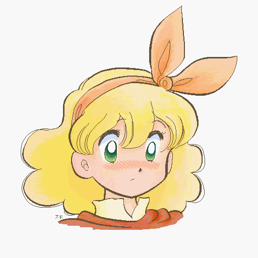 bangs, blonde_hair, blush, closed_mouth, commentary_request, ellen_fuwafuwaatama_aureus, green_eyes, hairband