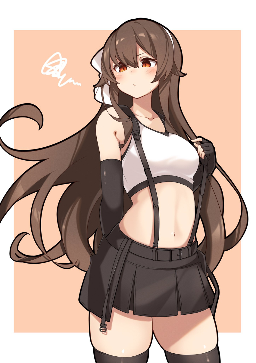 .live, 1girl, breasts, brown_hair, collarbone, cosplay, detached_sleeves, final_fantasy, final_fantasy_vii, fingerless_gloves, gloves, headband, highres, long_hair, midriff, mikokomiyazawa, navel, red_eyes, simple_background, skirt, solo, thigh-highs, tifa_lockhart, tifa_lockhart_(cosplay), virtual_youtuber, yaezawa_natori