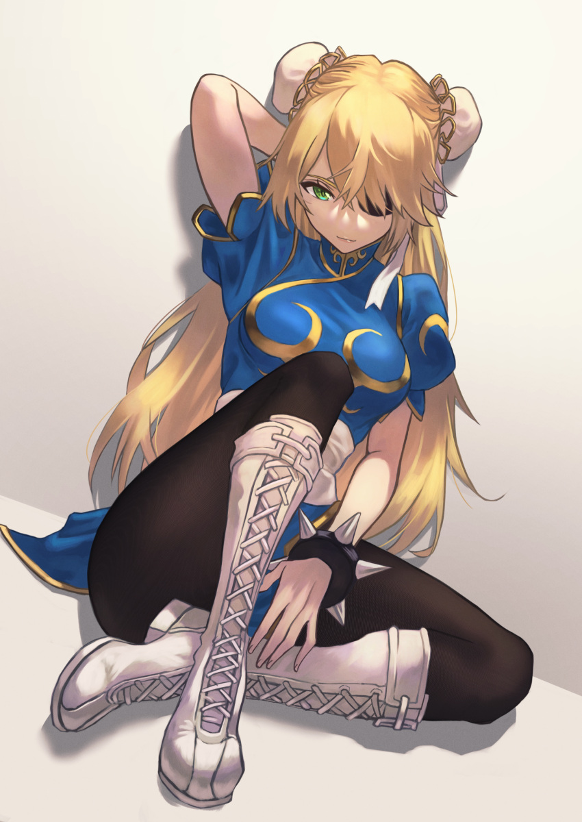1girl, absurdres, bangs, blonde_hair, blush, bracelet, breasts, bun_cover, china_dress, chinese_clothes, chun-li, chun-li_(cosplay), cosplay, double_bun, dress, eyepatch, fischl_(genshin_impact), genshin_impact, green_eyes, hair_over_one_eye, highres, jewelry, kurai_munio, long_hair, looking_at_viewer, medium_breasts, pantyhose, pelvic_curtain, puffy_short_sleeves, puffy_sleeves, short_sleeves, spiked_bracelet, spikes, street_fighter, two_side_up