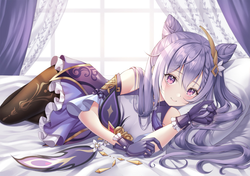 1girl, bangs, bare_shoulders, bed_sheet, blush, breasts, brown_legwear, closed_mouth