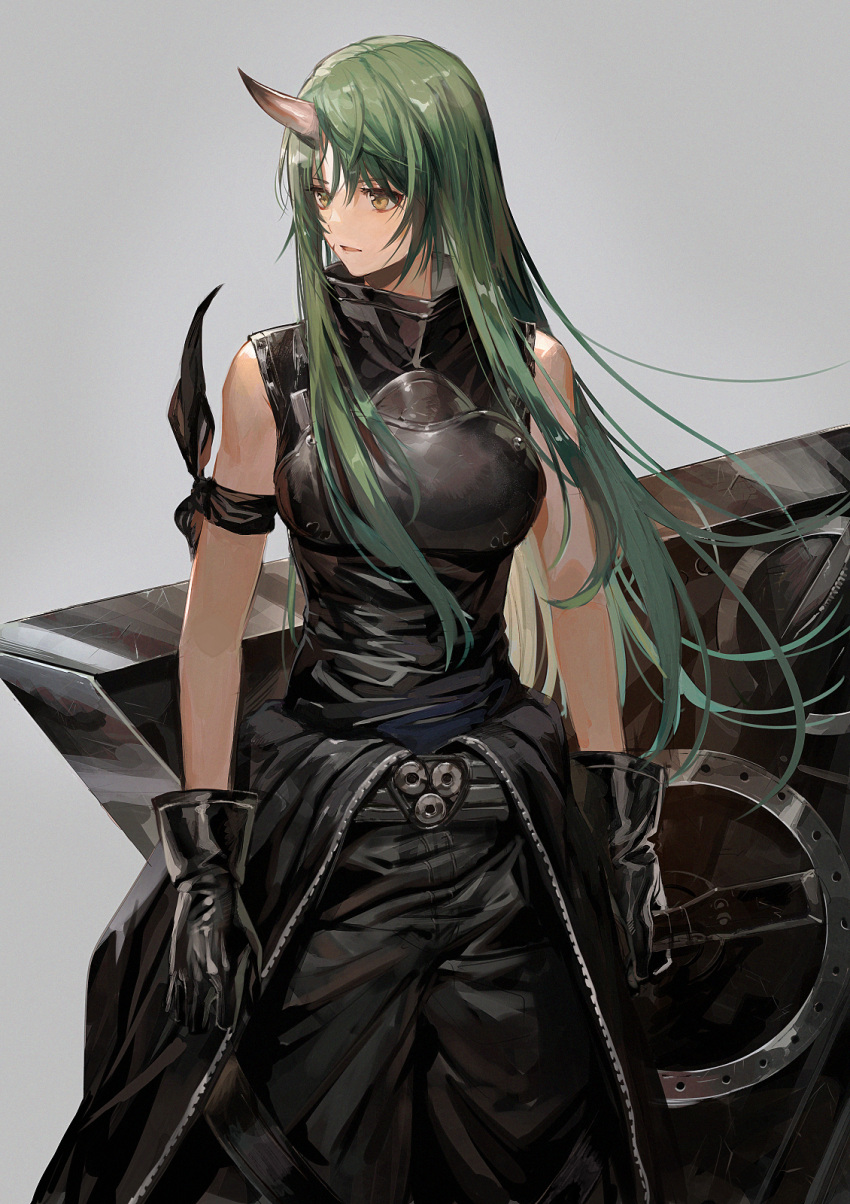 1girl, aoki_(fumomo), arknights, armband, armor, bangs, black_armor, black_dress, black_gloves, black_shirt, breastplate, dress, feet_out_of_frame, gloves, green_hair, grey_background, hannya_(arknights), highres, horns, hoshiguma_(arknights), long_hair, looking_to_the_side, shield, shirt, simple_background, single_horn, solo, weapon, yellow_eyes