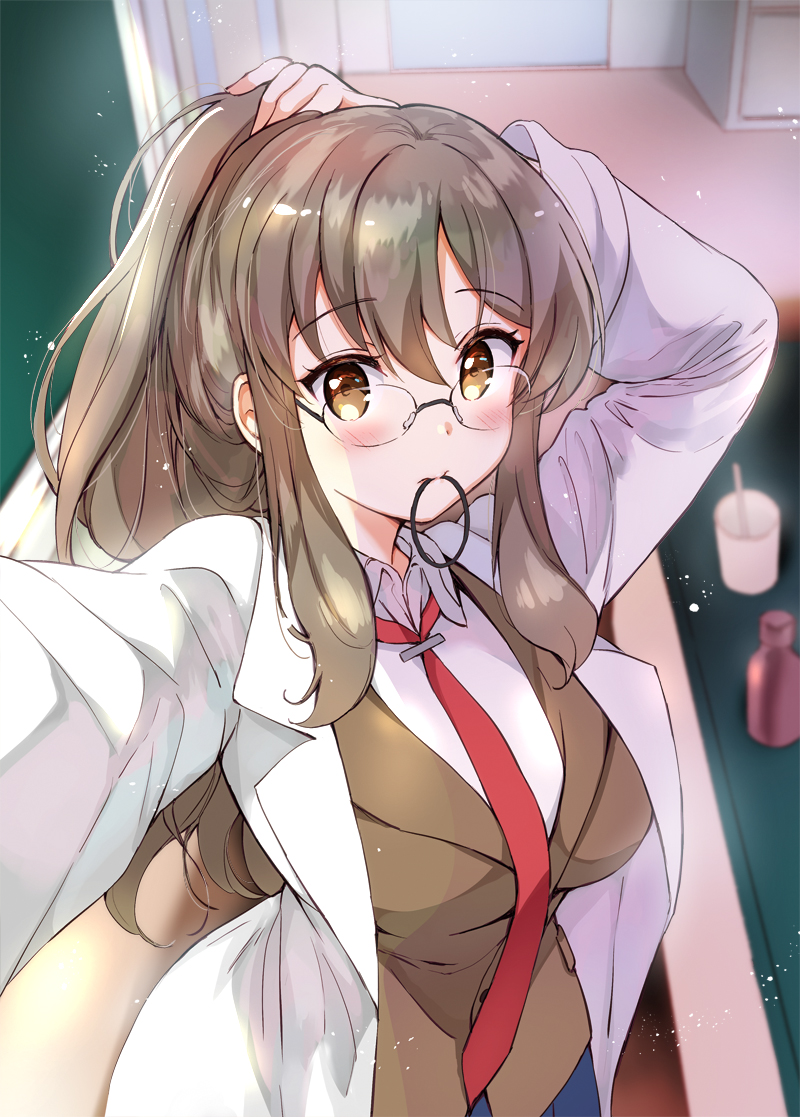 1girl, akina_tsukako, arm_up, between_breasts, blush, breasts, brown_eyes, brown_vest