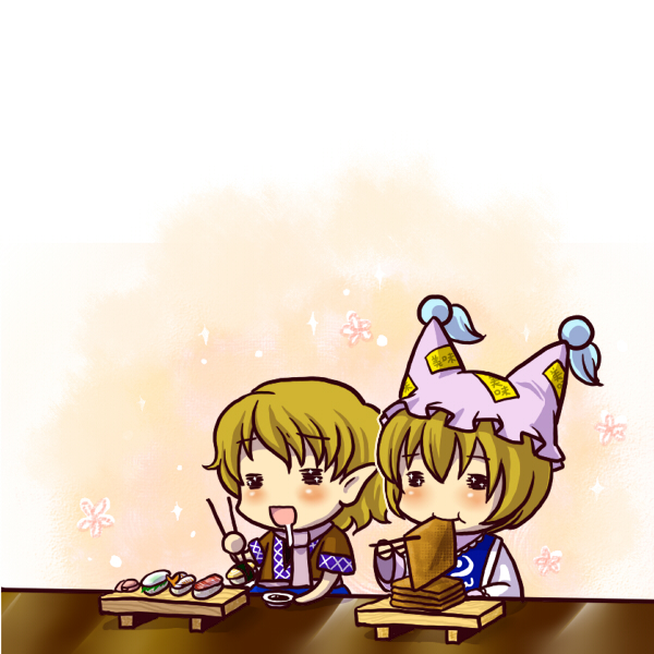 2girls, aburaage, blonde_hair, blush, chibi, eating, ecstasy, food