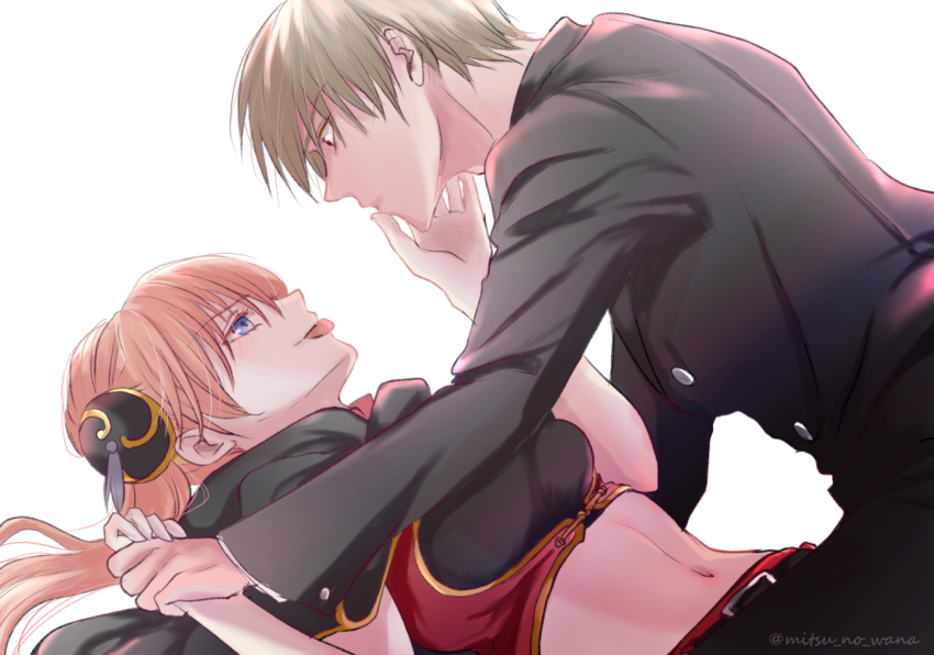 1boy, 1girl, bangs, black_cape, black_jacket, black_pants, blonde_hair, blue_eyes, boy_on_top, breasts, cape, crop_top, eye_contact, eyebrows_visible_through_hair, gintama, hair_between_eyes, holding_hands, jacket, kagura_(gintama), long_hair, long_sleeves, looking_at_another, lying, medium_breasts, midriff, mitsu_syk, navel, okita_sougo, on_back, orange_hair, pants, profile, red_eyes, short_hair, simple_background, sleeveless, spiky_hair, stomach, tongue, tongue_out, twitter_username, white_background