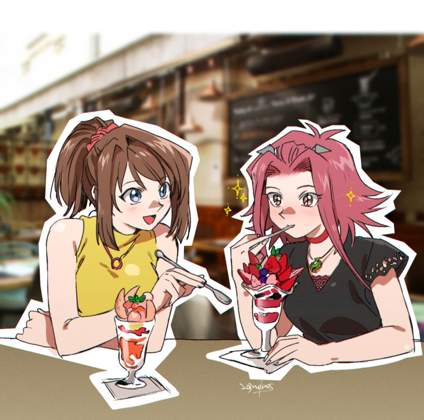 203wolves, 2girls, :d, black_shirt, blue_eyes, blurry, blurry_background, blush, brown_eyes, brown_hair, choker, eating, hair_intakes, hair_ornament, hair_scrunchie, hairpin, holding, holding_spoon, izayoi_aki, jewelry, long_hair, mazaki_anzu, multiple_girls, open_mouth, parfait, pendant, red_choker, red_scrunchie, redhead, scrunchie, shiny, shiny_hair, shirt, sidelocks, signature, sitting, sketch, sleeveless, sleeveless_shirt, smile, spoon, tied_hair, upper_body, yellow_shirt, yu-gi-oh!, yu-gi-oh!_5d's, yu-gi-oh!_duel_monsters
