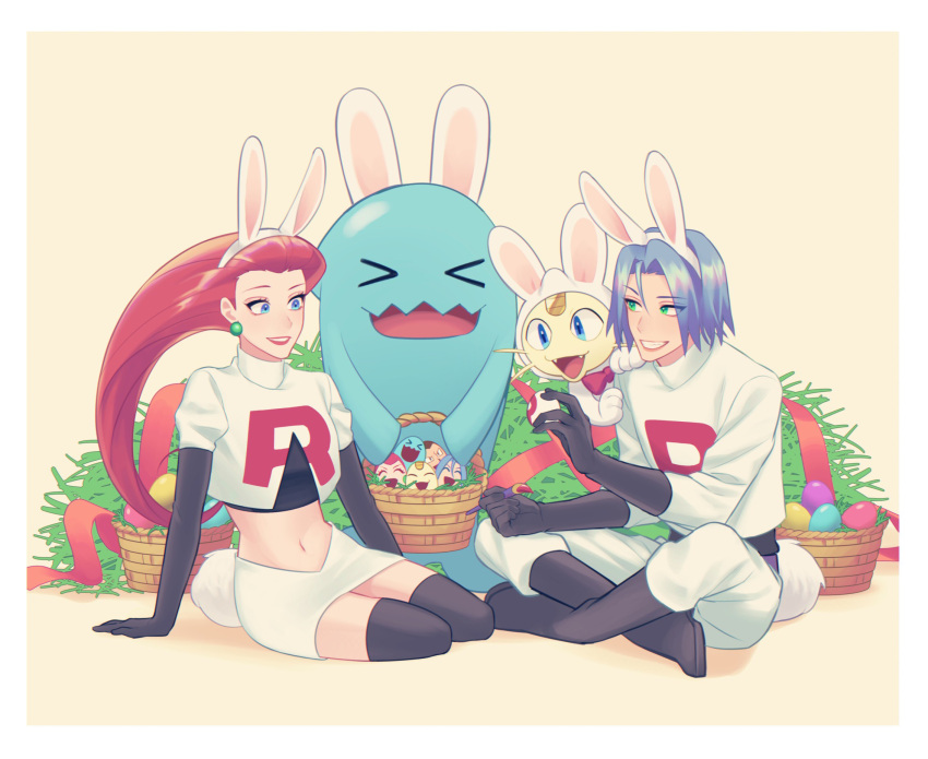 >_<, 1boy, 1girl, animal_ears, basket, black_footwear, black_gloves, blue_eyes