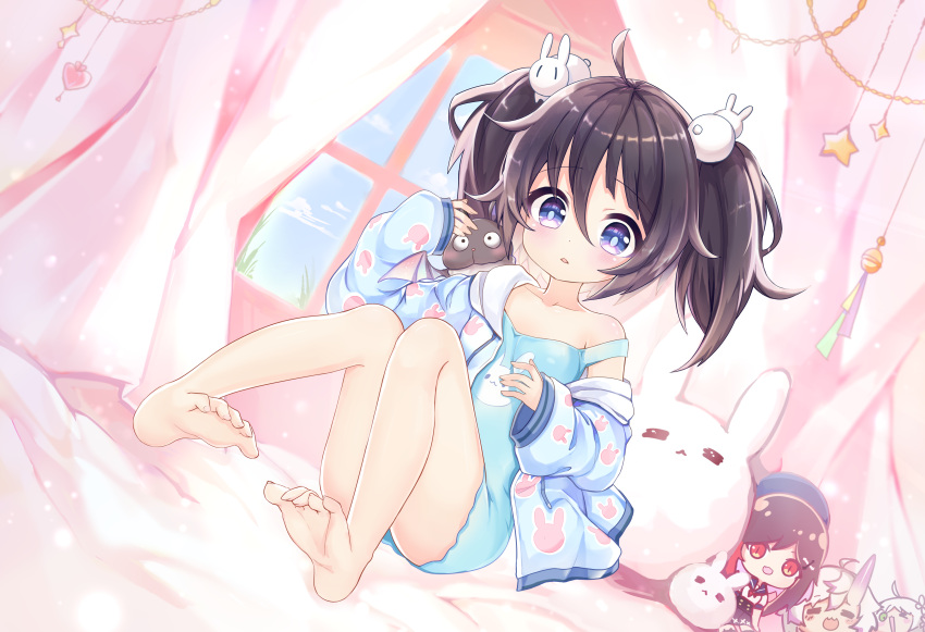 absurdres, animal_print, artist_request, bare_shoulders, barefoot, bed, black_hair, blossomlive!