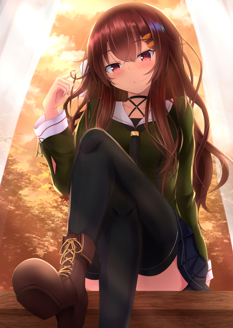 .live, 1girl, black_legwear, blush, boots, clouds, collarbone, commentary_request, curtains, gajt69, hair_between_eyes, hair_ornament, hair_twirling, hairclip, highres, looking_at_viewer, red_eyes, school_uniform, sitting, thigh-highs, virtual_youtuber, yaezawa_natori