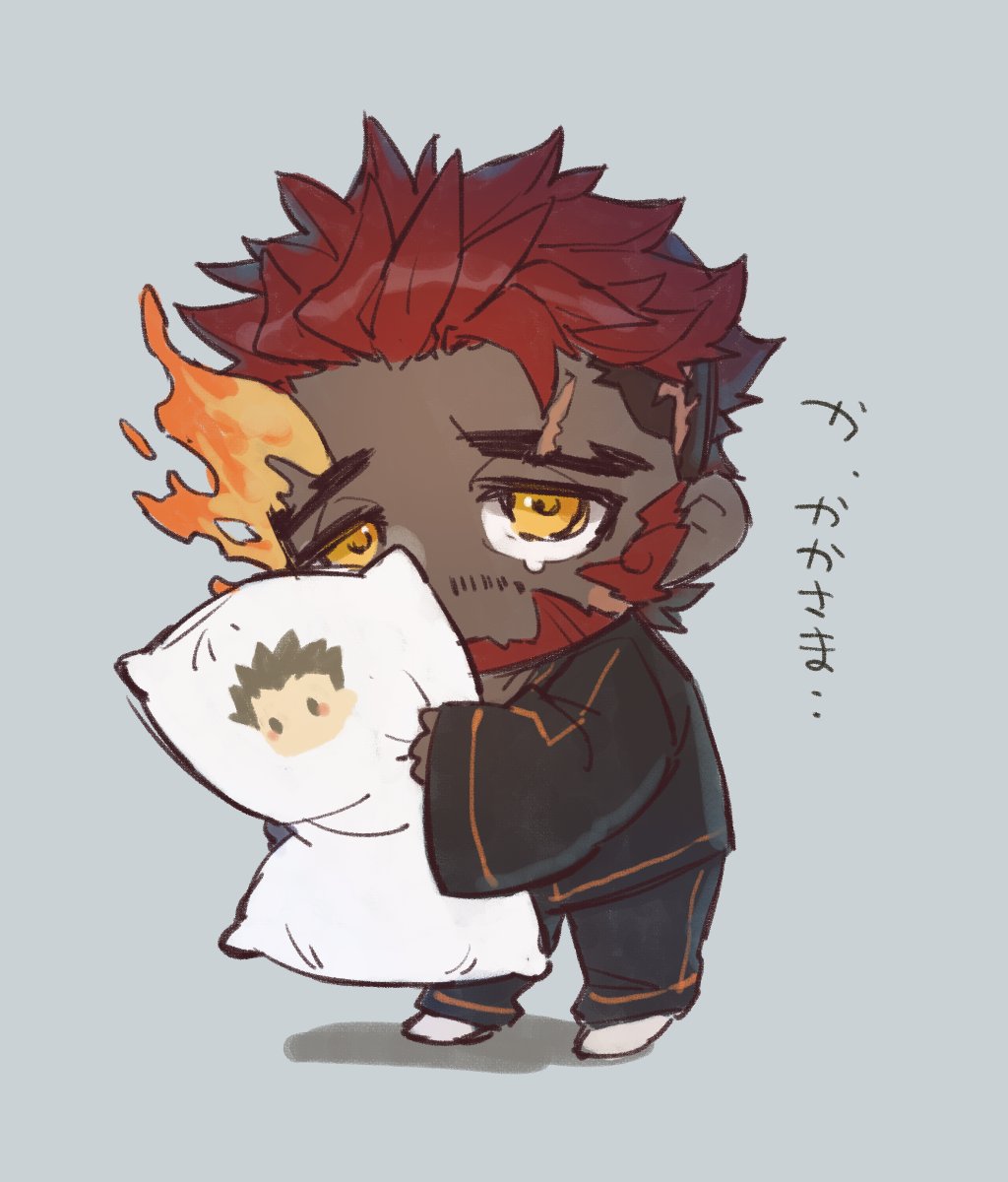 1boy, alternate_costume, beard, blush, chibi, dakimakura_(object), facial_hair, flaming_eye, full_body, hephaestus_(tokyo_houkago_summoners), highres, holding, legs_apart, looking_at_viewer, male_focus, master_3_(tokyo_houkago_summoners), pillow, red_eyes, scar, scar_across_eye, short_hair, simple_background, solo, tearing_up, thick_eyebrows, tokyo_houkago_summoners, translation_request, undercut, uori