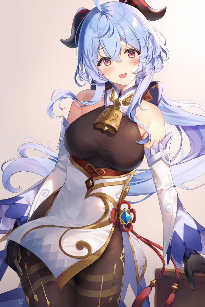 1girl, :d, bare_shoulders, bell, blue_hair, blush, bodysuit_under_clothes, bow