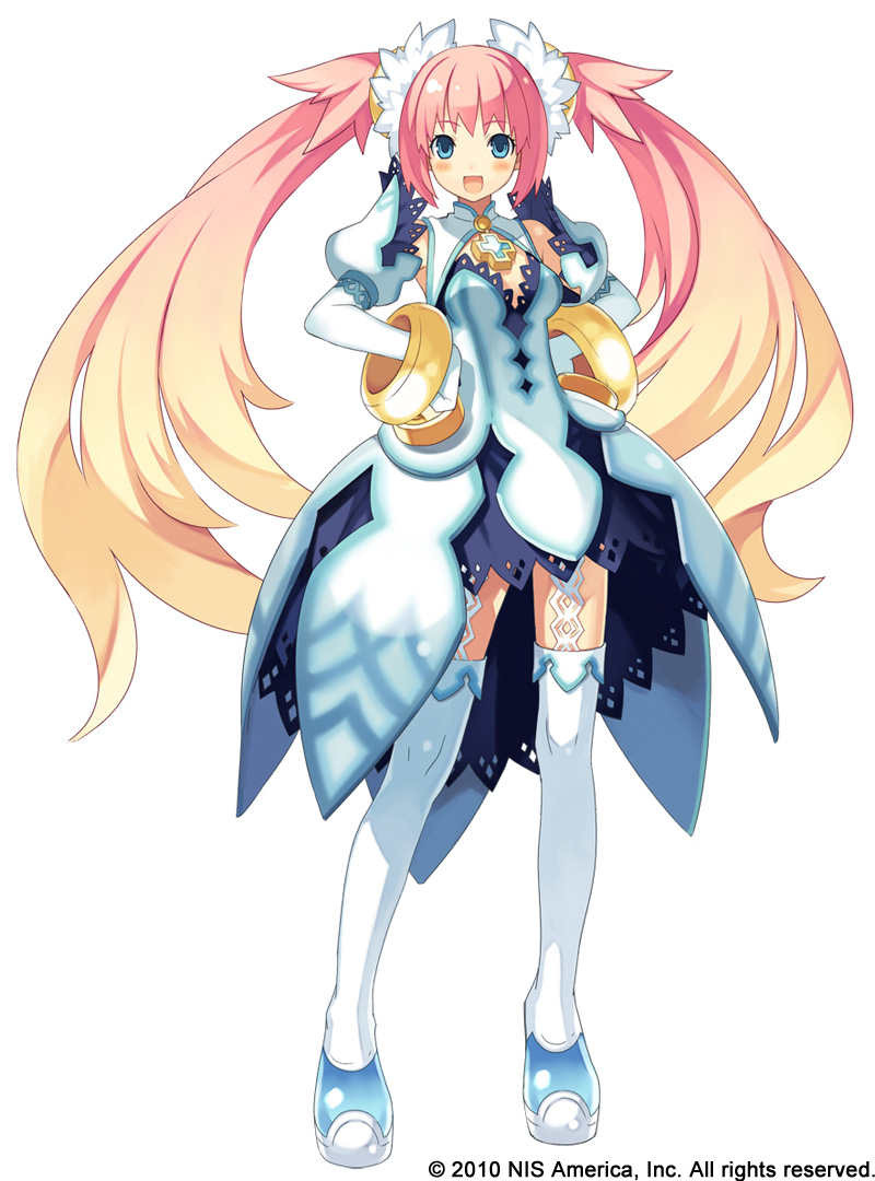 2010, armor, armored_dress, blue_eyes, blush, boots, bracelet, breasts