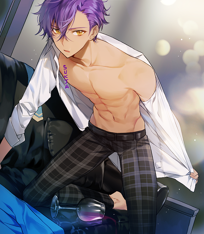 1boy, abs, alcohol, arm_support, barefoot, belt, black_belt, black_pants