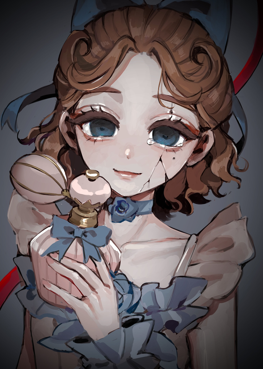 1girl, absurdres, alternate_eye_color, bangs, blue_bow, blue_eyes, bottle, bow