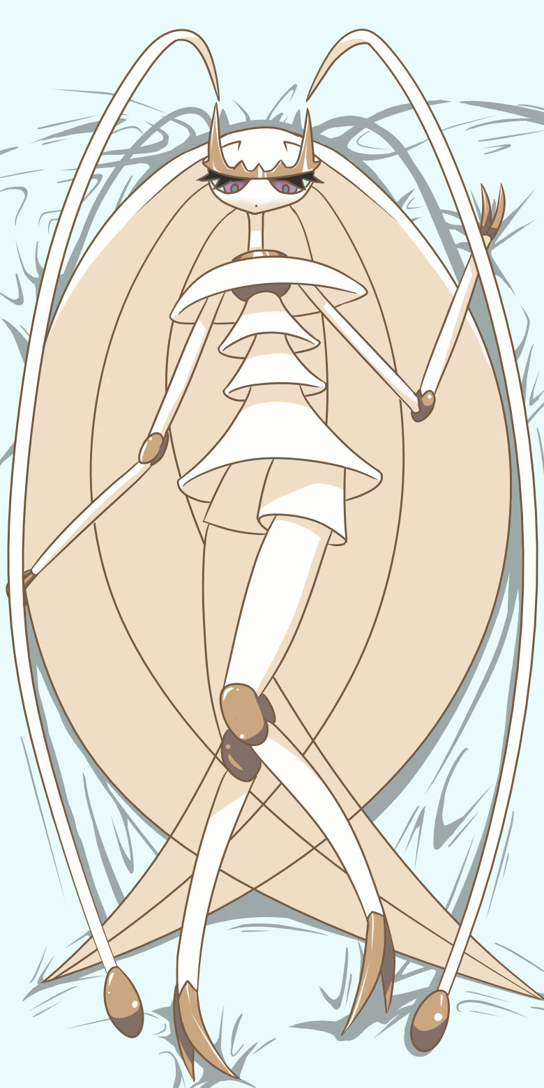 bed_sheet, claws, commentary_request, dakimakura_(medium), eyelashes, from_above, full_body, gen_7_pokemon
