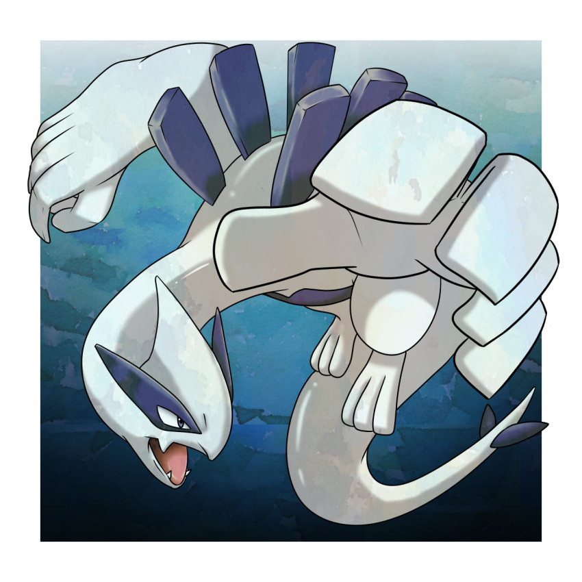 border, commentary_request, fangs, full_body, gen_2_pokemon, grey_eyes, highres, legendary_pokemon, looking_to_the_side, lugia, no_humans, open_mouth, outside_border, pokemon, pokemon_(creature), shuga_(mhwii), solo, toes, tongue, white_border