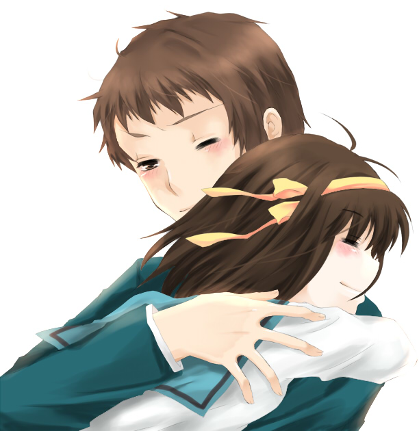 brown_hair, closed_eyes, hair_ribbon, hug, kyon, ribbon, school_uniform, short_hair