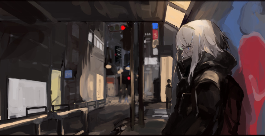 1girl, blue_eyes, city, coat, fate/grand_order, fate_(series), hairband, highres