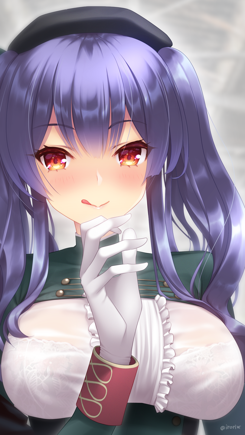 1girl, :q, azur_lane, beret, black_headwear, bra_through_clothes, breasts, eyebrows_visible_through_hair