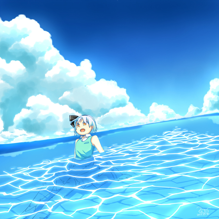 1girl, bare_arms, bare_shoulders, black_bow, black_hairband, blue_sky, bow, breast_pocket
