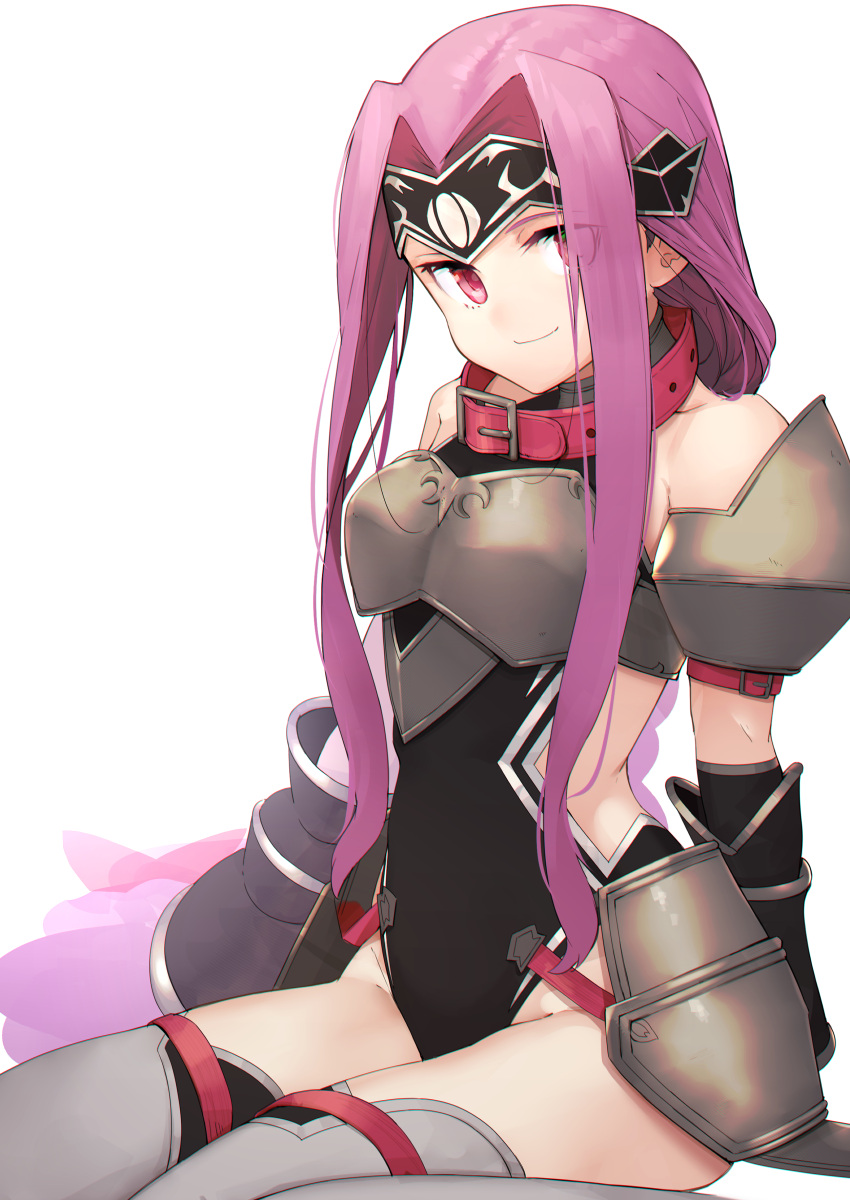 1girl, absurdres, arm_up, armor, ass_visible_through_thighs, black_gloves, black_leotard, bow, braid, breastplate, chain, collar, covered_navel, fate/grand_order, fate_(series), gloves, hair_bow, hair_intakes, headband, highres, leotard, long_braid, long_hair, low-tied_long_hair, medusa_(lancer)_(fate), nanao_(aoyamahikari), ponytail, purple_hair, ribbon, rider, simple_background, solo, thigh-highs, thigh_strap, very_long_hair, violet_eyes, white_background