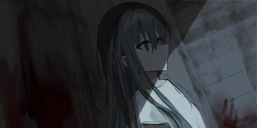 1girl, bangs, black_hair, blood, bloody_handprints, blue_eyes, borrowed_character, chihuri