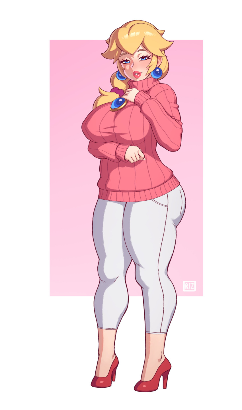1girl, absurdres, alternate_hairstyle, blush, border, breast_hold, breasts, brooch