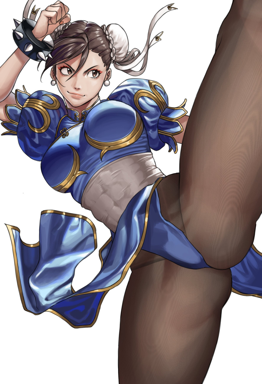 1girl, absurdres, arm_up, blue_dress, bracelet, breasts, brown_eyes, brown_hair