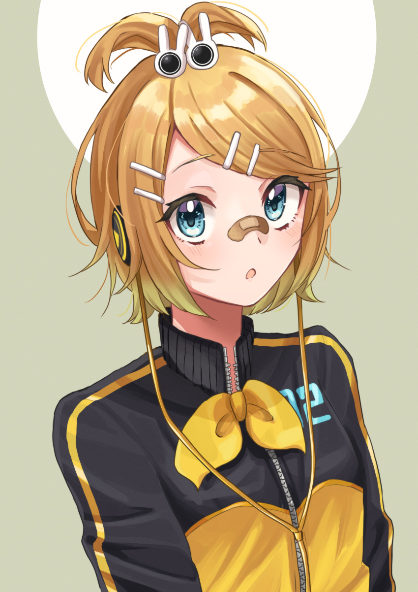 1girl, :o, absurdres, bandaid, bandaid_on_nose, blonde_hair, blue_eyes, blush, cable, earphones, hair_ornament, hairclip, highres, huge_filesize, jacket, kagamine_rin, looking_at_viewer, project_diva_(series), rennrenn214, solo, stylish_energy_(module), two-tone_jacket, vocaloid, yellow_jacket, zipper